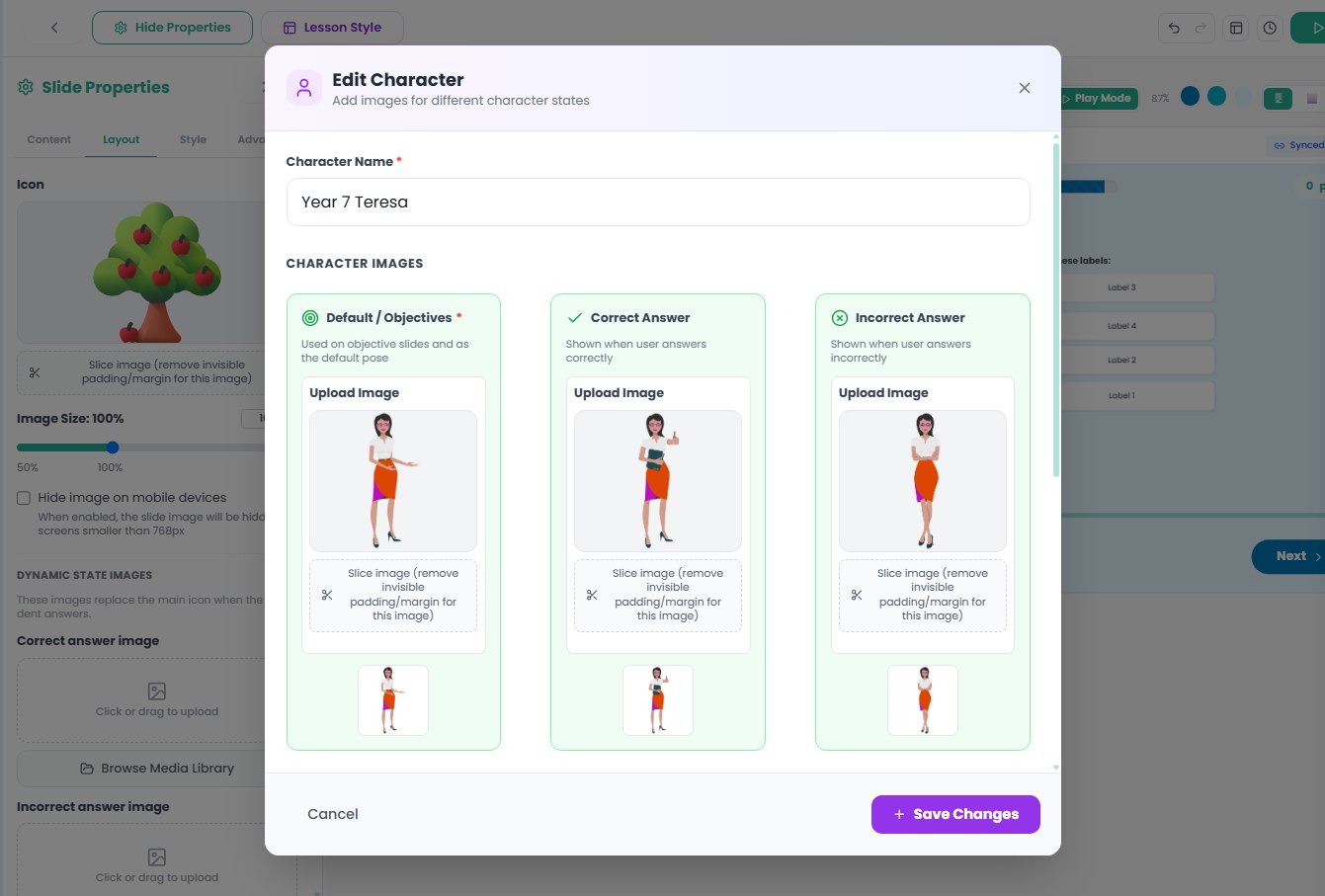 Edit Character dialog with separate image slots for default, correct answer and incorrect answer states